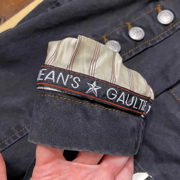 90s Jean Paul Gaultier Jeans Velvet Collar Cropped Denim Jacket Vintage Black S